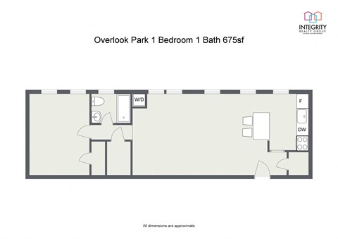 Floor plan for 1 bed, 1 bath, 675 sqft